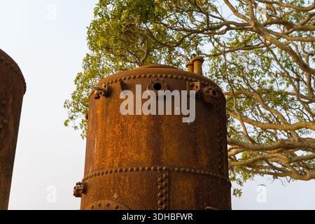 Fort Kochi, Indien - 16. März 2023: Nahaufnahme eines großen rostfreien Dampfschiffkessels mit Nieten und Armaturen, im Freien mit sichtbaren Ästen im Hintergrund. Stockfoto