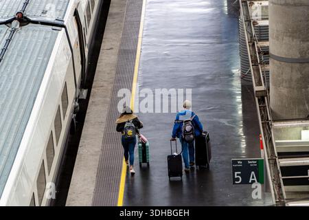 Passagiere, die mit spanischen Hochgeschwindigkeitszügen auf dem Bahnsteig am Bahnhof Atocha in Madrid laufen Stockfoto