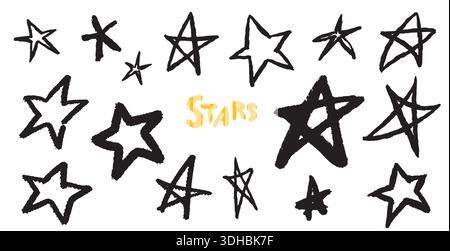 Niedliche, einfache Sterne. Mit dem Pinsel gezeichnete Symbole auf Papier. Bunte gelbe Sterne in verschiedenen Formen und Formen. Stock Vektor