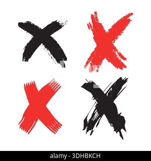 Grunge-Kreuzzeichen oder X-förmiger Buchstabe als abstraktes Symbol. Überprüfen oder falsches Abstimmungszeichen. Mit Pinsel gefertigte handgezeichnete Elemente Stock Vektor