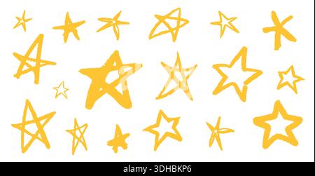 Niedliche, einfache Sterne. Mit dem Pinsel gezeichnete Symbole auf Papier. Bunte gelbe Sterne in verschiedenen Formen und Formen. Stock Vektor