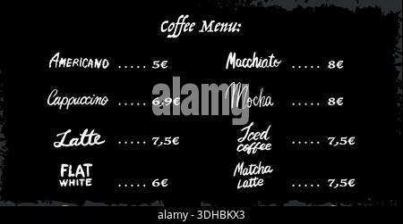 Verschiedene Arten von Kaffeegetränken. Mit dem Pinsel werden Namen für das Menü gezeichnet. Cappuccino und Espresso, Americano und Latte in verschiedenen Unikaten Stock Vektor