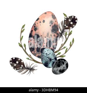 Eine Aquarellillustration von Vogeleiern, Hühnereiern und Wachteleiern vor einem Hintergrund von Frühlingszweigen und Federn. Alle handbemalt Stock Vektor