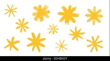Niedliche, einfache Sterne. Mit dem Pinsel gezeichnete Symbole auf Papier. Bunte gelbe Sterne in verschiedenen Formen und Formen. Stock Vektor