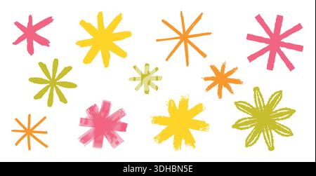 Niedliche, einfache Sterne. Mit dem Pinsel gezeichnete Symbole auf Papier. Bunte gelbe Sterne in verschiedenen Formen und Formen. Stock Vektor