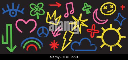 Grunge-Buntstift-Kinder kritzeln Elemente. Handgezeichnete bunte Kritzeleien mit Auge, Krone und Sonne. Niedliche Social-Media-Symbole für Banner und Poster. Herz und Stock Vektor