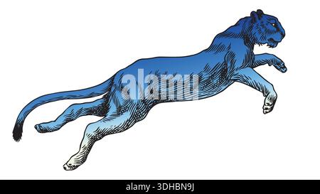 Junge Löwe Löwe oder Panther springt realistische Schwarz-weiß-Zeichnung in sehr detailliertem alten Gravurstil. Stift und Tinte verwendet Design mit traditionellem Stock Vektor