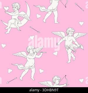 Vintage Cupid nahtlose romantische Cherubs Muster auf rosa Hintergrund Stock Vektor
