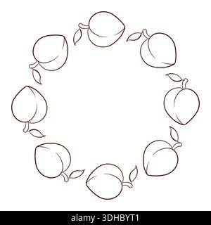 Pfirsichfarbener Obstkranz im Line Art Stil isoliert auf weißem Hintergrund. Stock Vektor