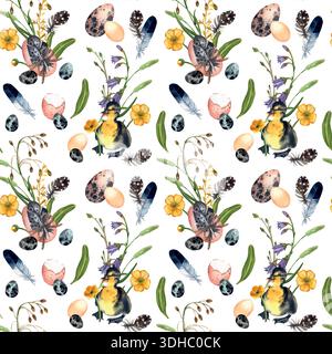 Nahtloses Aquarellmuster für Ostern. Frühlingsblumen, Enten, Hühner, Eier, Federn, alle handbemalt mit Aquarell. Handgezeichnetes Aquarell Stock Vektor