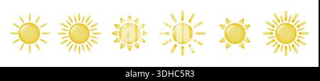 Eine Reihe von Cartoon-Sonnen. Sechs Sonnensymbole mit verschiedenen Strahlen auf weißem Hintergrund. Stock Vektor