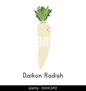 Daikon Vektor-Illustration. Daikon oder White Radish Cartoon Clipart, Gemüse im flachen Stil. Auch japanischer Rettich, chinesischer Rettich genannt Stock Vektor
