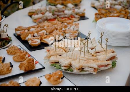 Ein Tisch mit exquisiten Snacks, Kuchen und Sandwiches für ein Buffet auf der Terrasse. Eine Vielzahl von Häppchen, Eclairs und Tartlets für einen festlichen Tisch im an Stockfoto