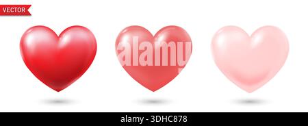 Ein Set dreidimensionaler roter und rosafarbener Herzen mit Lichtern und Schatten auf weißem Hintergrund. Stock Vektor