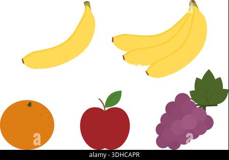 Bananen Orange Apfel und Trauben Bundle Fruits Price Tag oder Lebel minimalistisches flaches Design Element. Isolierte Vektor-Illustration Lebensmittel-Poster-Aufkleber Icon Piktogramm Banner, Faltblätter, Etikett, Preisschild Stock Vektor