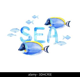 Aquarellblau handschriftlicher Inschrift Meer, verschiedene helle Farben Fische, tropische Tiere des Indischen Ozeans, Unterwasserwelt des Ozeans, Meer Stockfoto