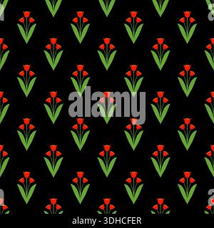 Nahtloses Muster mit Tulpen auf schwarzem Hintergrund. Elegantes, Endloses Design Stockfoto