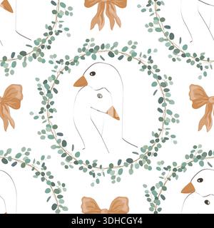 Gänsepaar im floralen Eukalyptuskranz umrahmt nahtloses Muster. Niedliche Vintage-Vektor-Illustration. Valentinstag-Grußkarte, Hochzeit oder romantische Karte Stock Vektor