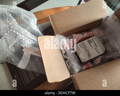 Offene Kartonverpackung mit einer in Luftpolsterfolie verpackten Festplatte Stockfoto