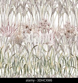 Ein nahtloses Muster mit horizontalen Reihen verschiedener Steppengräser und Blumen. Aquarellillustration für Öko-Projekte, Poster, Hoteldesigns und n Stockfoto