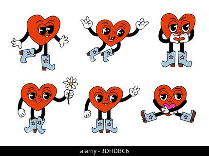 Set aus bunten, groovigen Herzfiguren in verschiedenen Posen und Emotionen isoliert auf weiß. Retro Love Illustration für Valentinstag, Aufkleber, poste Stock Vektor