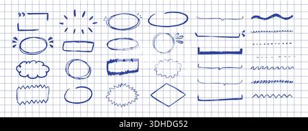 Heben Sie den Buntstift blau unterstreichen Kreide oder den handgezeichneten Rand des Bundes hervor, Rahmensatz. Freihand-Ovale, Kreise, Linien kritzeln. Ellipsenrahmen mit Kreidestift. Vektorabbildung Stock Vektor
