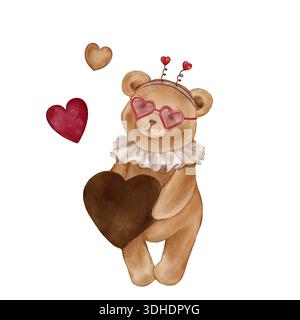 Aquarellfarbener süßer Teddybär mit braunem Herz mit Brille und herzförmigen Hörnern. Valentine Brown Bärenspielzeug mit Vintage-Jabot-Kragen. Abbildung Stockfoto