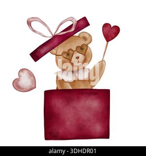 Aquarellfarben-süßer Teddybär in Geschenkbox, mit Brille. Zauberstab mit Herz halten. Valentine Brown Bärenspielzeug mit Jabot-Kragen. Illustrationshand Stockfoto