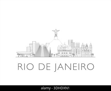 Skyline von Rio, Brasilien. Städtisches Stadtbild mit Wahrzeichen und Denkmälern. Handgezeichnete digitale Skyline-Illustration. Stockfoto