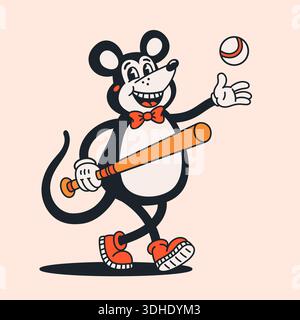 Cartoon Retro-Maus Figur spielt Baseball mit Schläger und Ball in groovigem Vintage-Illustrationsstil auf hellem Hintergrund. Retro-Mauszeichen in Stock Vektor