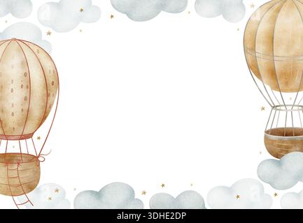 Bilden Sie Luftballons, die in Wolken fliegen. Handgezeichnete Aquarellvorlage im Pastellstil für Kinder eignet sich perfekt für Grußpostkarten Stockfoto