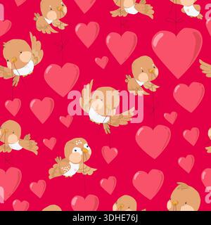 Nahtloses Muster mit niedlichen Vögeln und rosa Herzen. Valentinstag Stock Vektor
