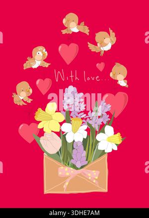 Illustration mit niedlichen Vögeln, die rosa Herzen über Frühlingsblumen halten. Valentinstag Stock Vektor
