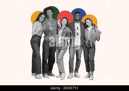 Gruppe junger Leute, die bunte Formen in Collage halten Stockfoto
