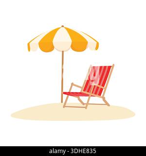 Summer Beach Urlaub Konzept mit gestreiftem Deck Stuhl und Schirm isoliert auf Sand Vektor Illustration Stock Vektor