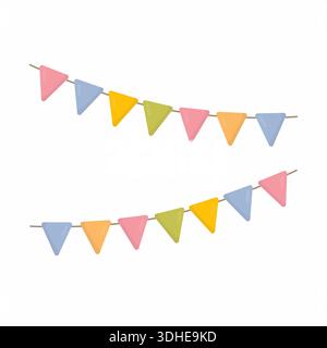 Bunte dreieckige Girlande Flaggen in einem flachen Pastellvektor-Stil. Dekorative Elemente für Geburtstage, Kinderveranstaltungen, Festivals, Einladungen, Poster Stock Vektor