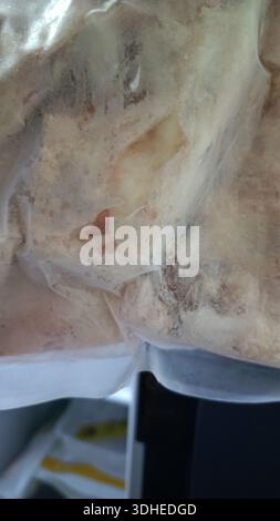 Nahaufnahme von gefrorenem Fleisch in Kunststoffverpackungen mit Frost und Textur Stockfoto