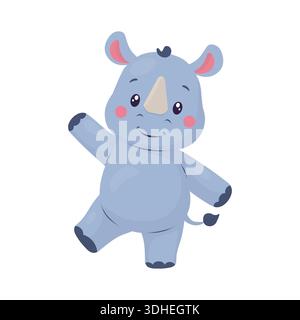 Ein niedliches Nashorn winkt mit der Pfote und lächelt. Eine Kinderillustration im flachen Vektorstil. Der Charakter ist für Zoos und Safarifahrten geeignet Stock Vektor
