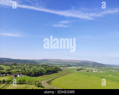 Vogelperspektive auf die rollende grüne Landschaft unter dem blauen Himmel Stockfoto