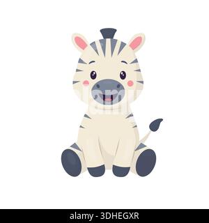 Ein süßes Zebra sitzt und lächelt. Kinderillustration im flachen Vektorstil. Der Charakter ist für Zoos, Safaris, Kinderpartys geeignet Stock Vektor