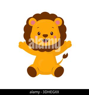 Ein niedliches Löwenjunge sitzt mit weit geöffneten Pfoten und einem Lächeln. Diese Kinderillustration wird in einem flachen Vektorstil erstellt. Stock Vektor