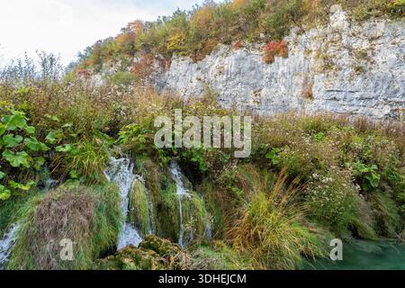Fließendes Wasser über Mossy Rocks im Nationalpark Plitvicer Seen, Kroatien Stockfoto