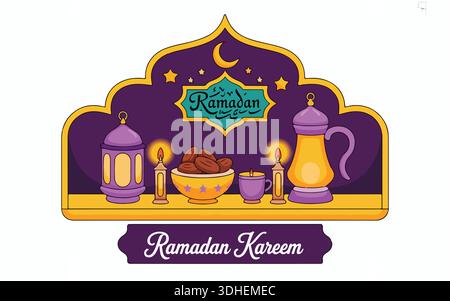Festliche Ramadan Kareem Illustration mit traditionellen Laternen, Datteln und einem Halbmond, perfekt für islamische Feiertage und kulturelle Feiern Stock Vektor