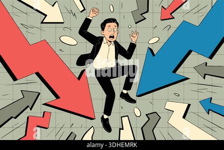 In Panik geratener Geschäftsmann, der inmitten einer chaotischen Flut von Pfeilen nach unten fällt, was einen tiefen Finanzmarktcrash oder eine Krise des wirtschaftlichen Abschwungs veranschaulicht. Stock Vektor