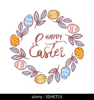 Vektor-Illustration eines rustikalen Osterkranzes aus grünen Blattzweigen und bunten gemusterten Eiern. Minimalistisches flaches Design, saisonale Einrichtung im Frühling Stock Vektor