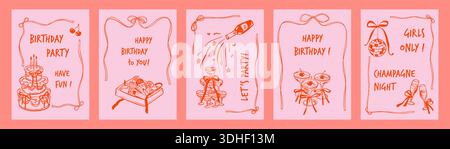 Set von handgezeichneten Kritzelchen skurrile Kokette Happy Birthday Grußkarten, Poster, Einladungen. Hochzeit, Junggesellinnenabschied, Valentinstag Hintergrund Desi Stock Vektor