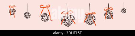 Set aus Doodle Disco Ball mit kokettfarbener, skurriler Schleifenzeichnung. Nachtklub-Tanzkonzept. Junggesellinnenabschied, Mädchengeburtstag, Casino-Dekoration. Hören Stock Vektor