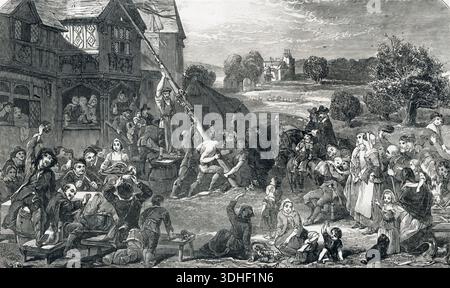 Raising the Maypole, illustriert von Goddell, zeigt traditionelle ländliche Feierlichkeiten und saisonale Feierlichkeiten im historischen England Stockfoto