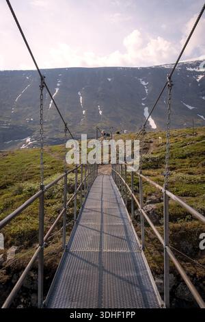 Perspektivische Aussicht auf einer schmalen Metallbrücke über einen felsigen Bergfluss auf dem Kungsleden Trail in Schwedisch-Lappland Stockfoto
