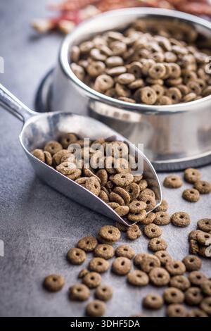 Trockenfutter für Haustiere. Trockenfutter in einer Schaufel auf einem grauen Tisch. Stockfoto